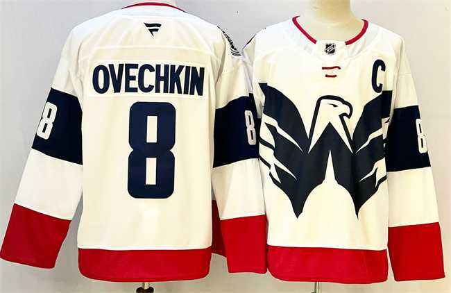 Mens Washington Capitals #8 Alexander Ovechkin White Navy With C Patch Stadium Series Stitched Jersey